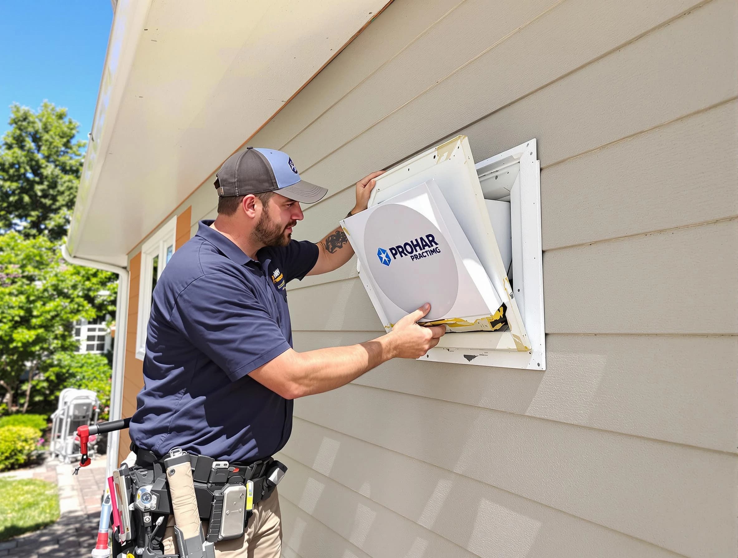 Holt Dryer Vent Cleaning technician installing a new protective dryer vent cover on a home in Holt