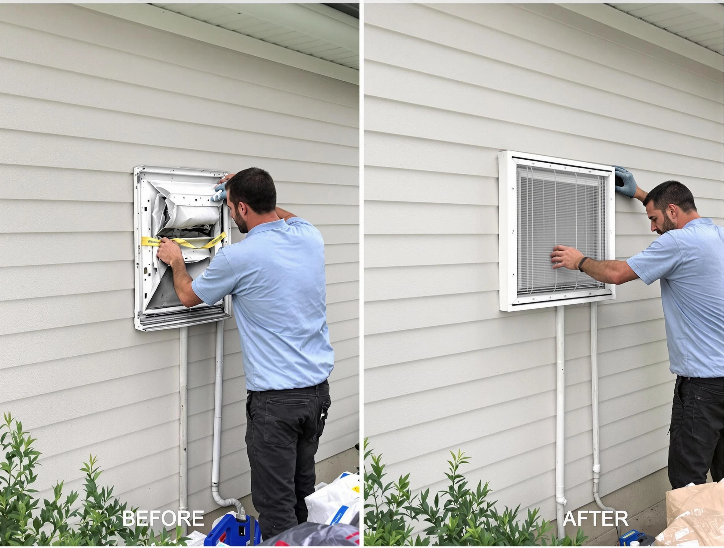 Holt Dryer Vent Cleaning technician installing high-quality dryer vent cover at a residential property in Holt